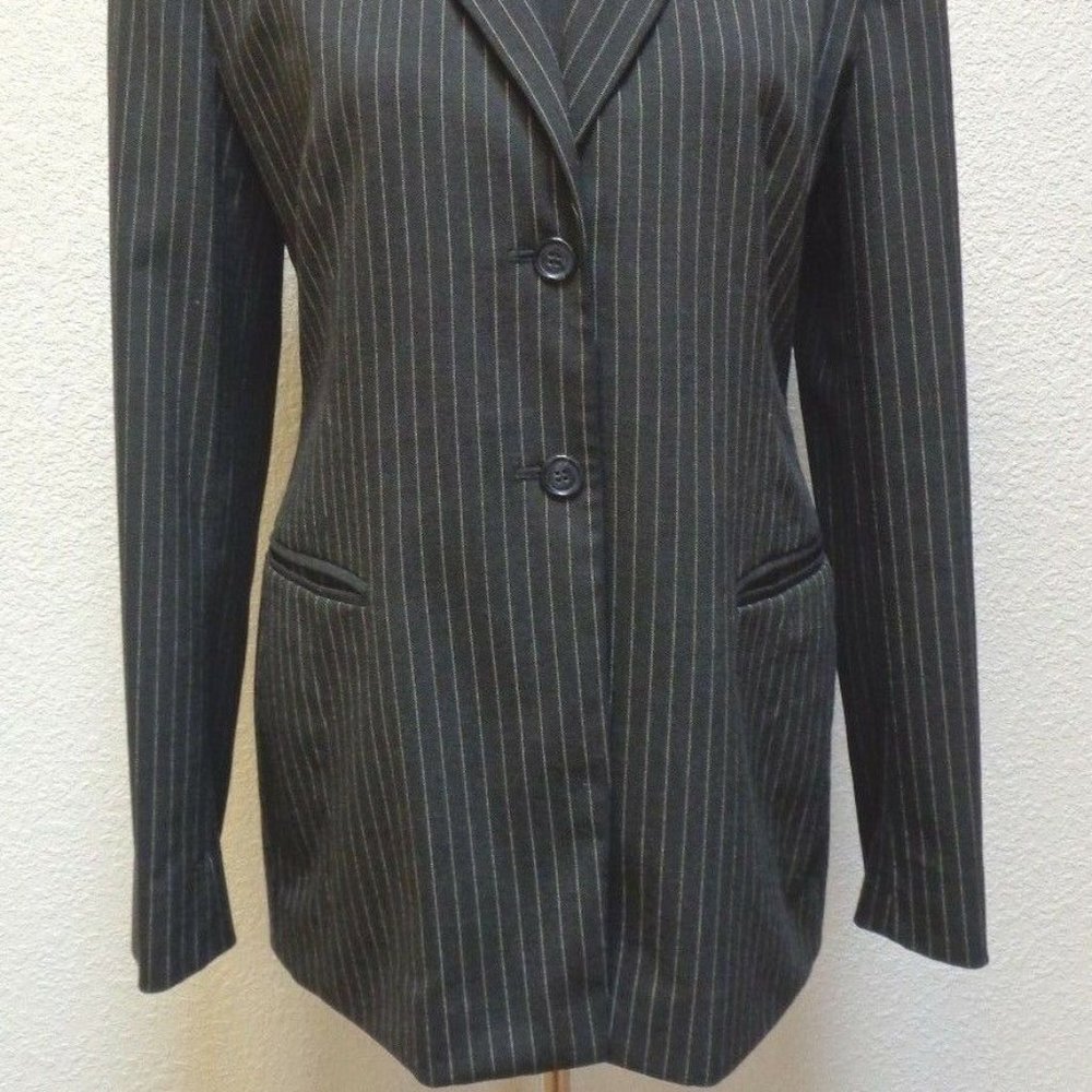BLACK PINSTRIPE HIP LENGTH BLAZER 8 - Picture 2 of 6